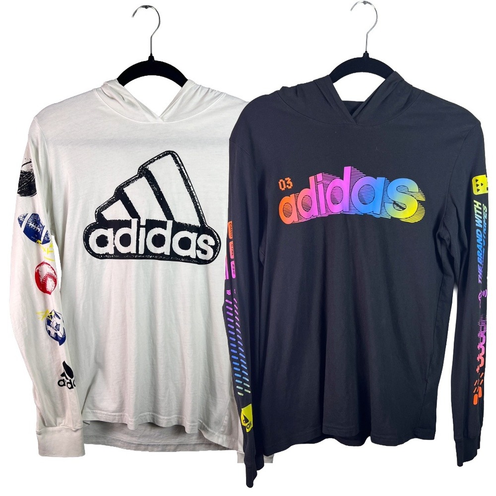 Adidas Youth XL Long Sleeve Hooded T-Shirt Bundle White Black Graphic 2 Pack